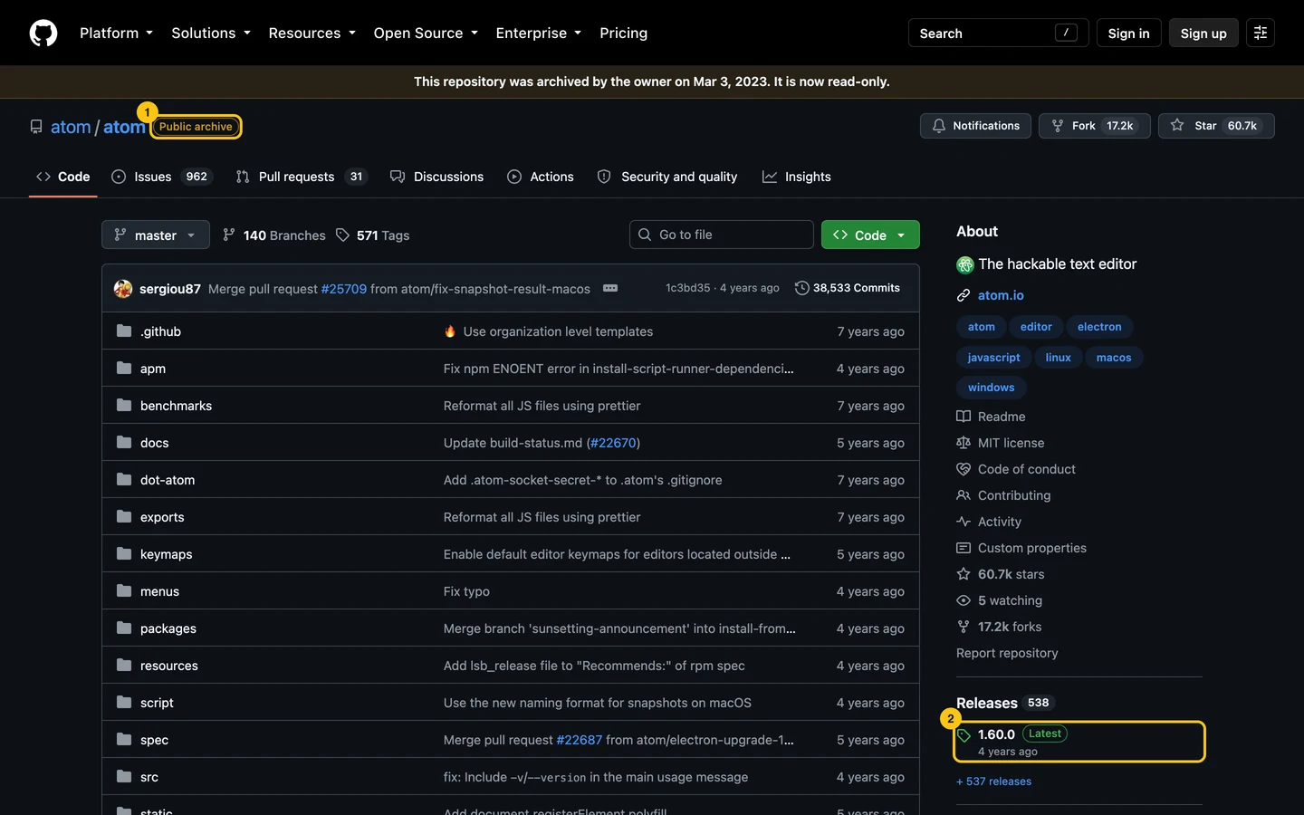 Atom's repository on GitHub: a banner saying it was archived on March 3, 2023 and is read-only, and a Public archive label.